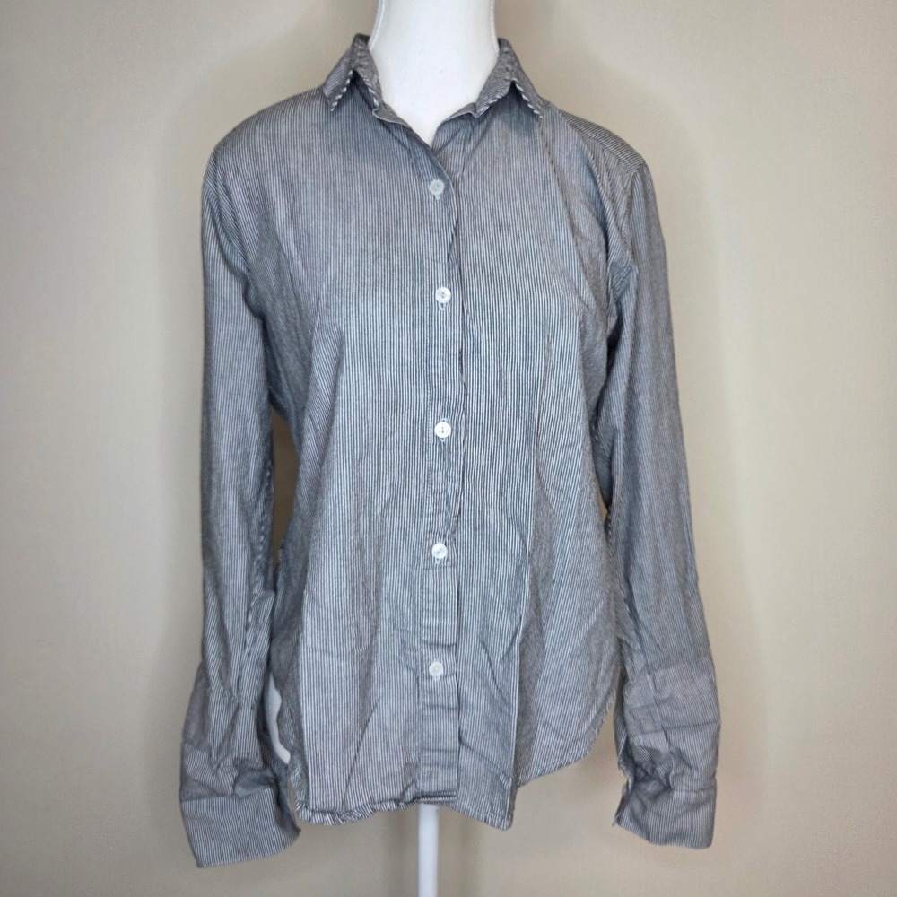 JET John Eshaya Womens Pinstripe Ruffle Back Peplum Button Down Shirt Grey P/S